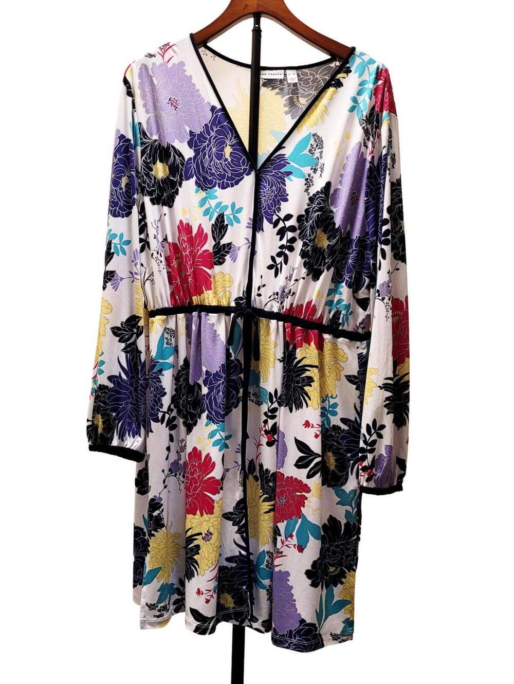 Susan Graver Floral Tunic Dress Beach Cover Size XL Long Sleeves